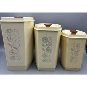 Vintage 1970s Lustroware 3 Pc Canister Set Plastic Floral Beige Nesting
